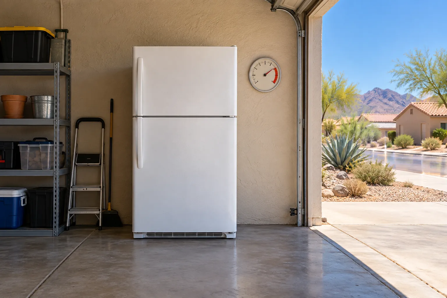 Refrigerator in a hot Arizona garage with a wall thermometer reading high and bright desert heat outside the open door
