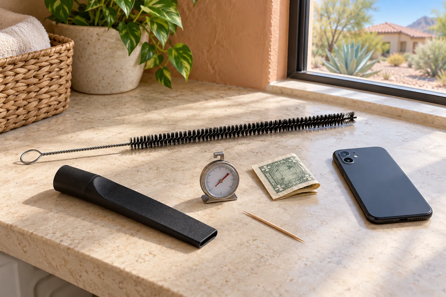 Appliance maintenance kit laid out on a counter: condenser coil brush, vacuum attachment, dollar bill for the door-seal test, refrigerator thermometer, toothpick and phone