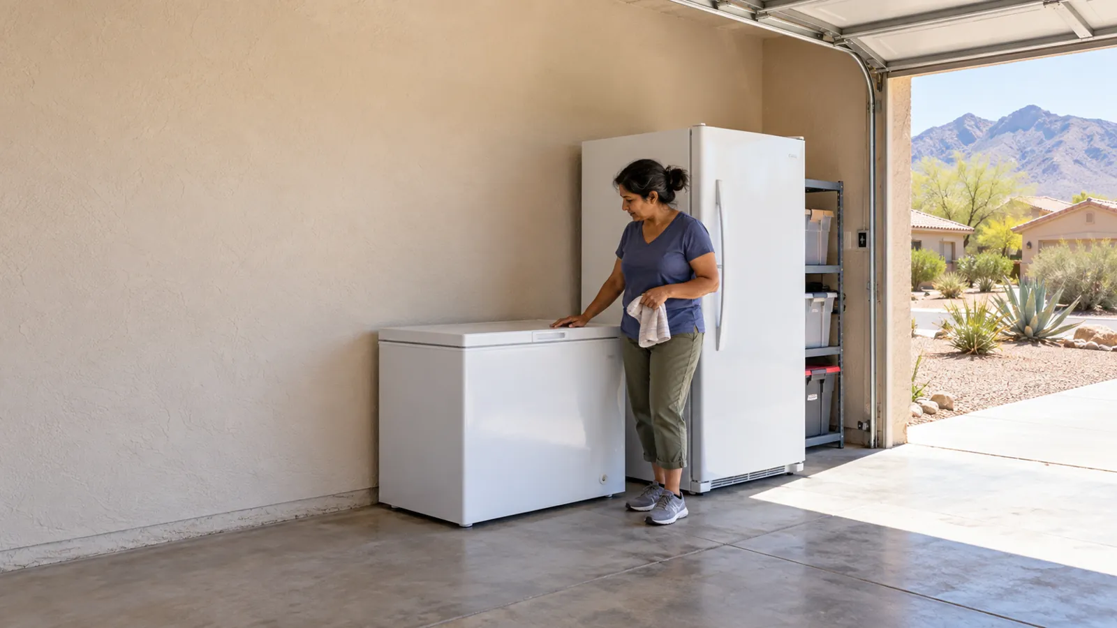 Homeowner checking a chest freezer and a second refrigerator in an Arizona garage with the door open to the desert sun