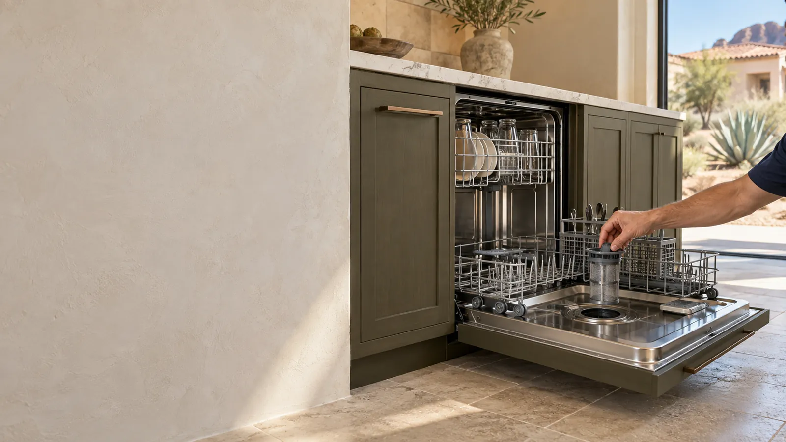 Panel-ready built-in dishwasher in a luxury kitchen with the door open and the filter being lifted out