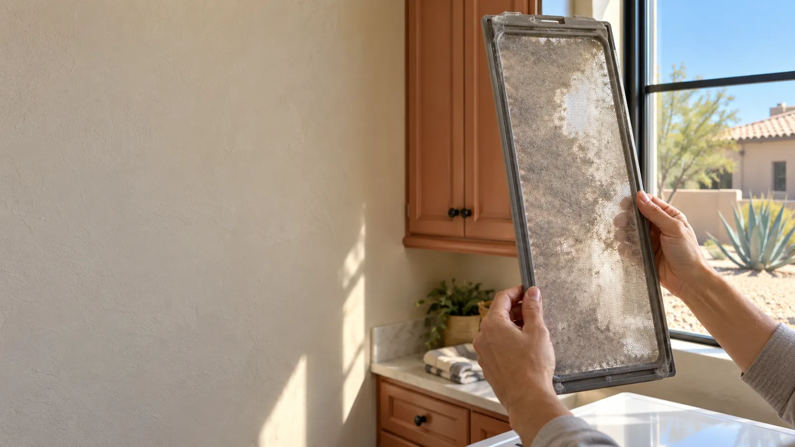 Clogged dryer lint screen held up to window light, showing lint and film blocking the mesh