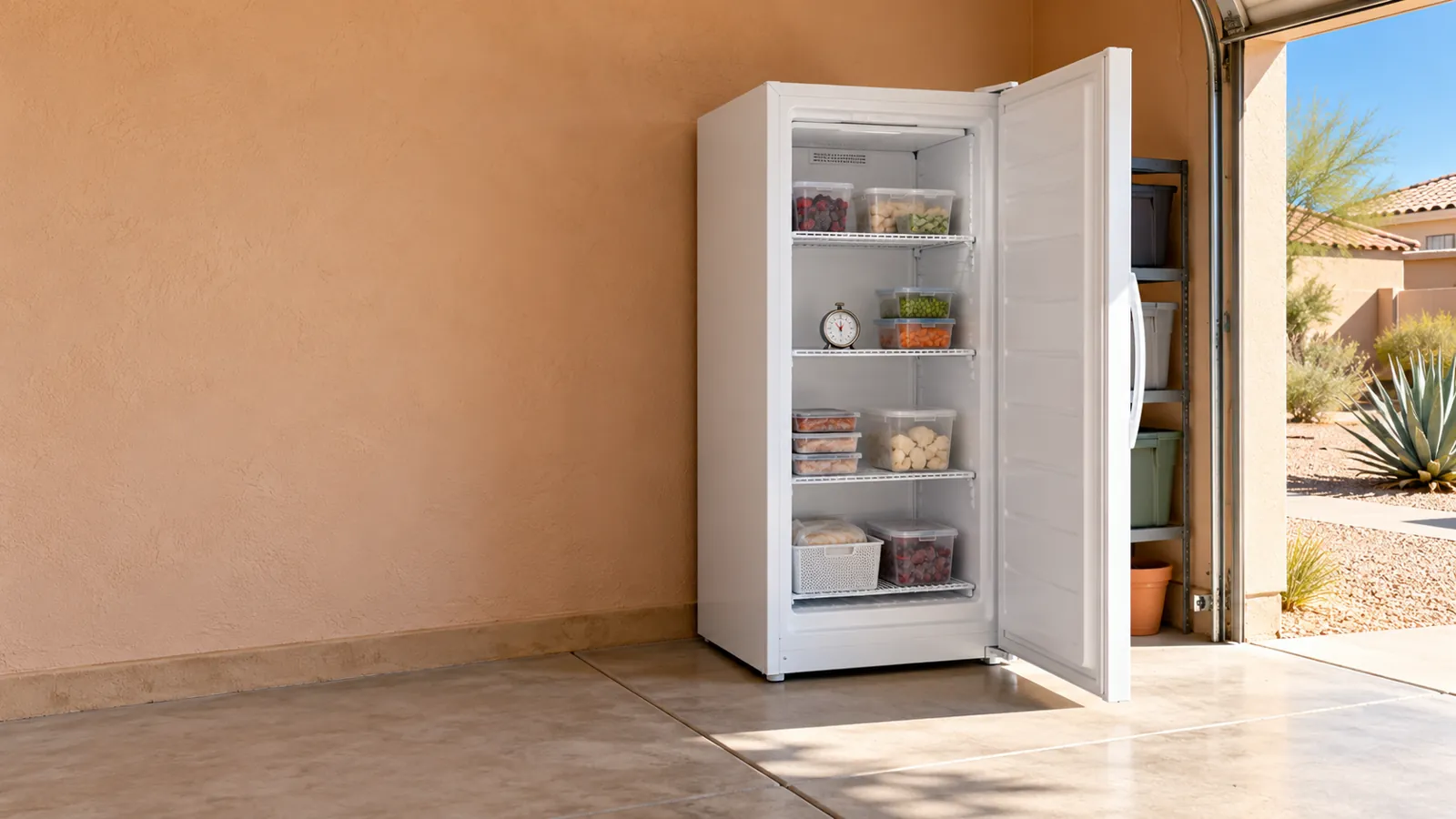 Upright freezer in an Arizona garage with the door open and a thermometer on the shelf