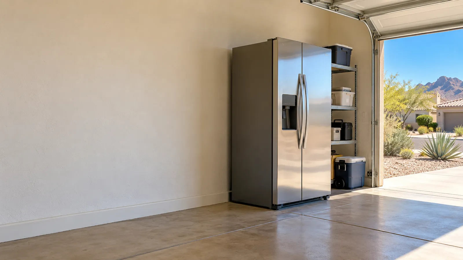Garage refrigerator set out from the wall in an Arizona garage with the door open to the desert heat