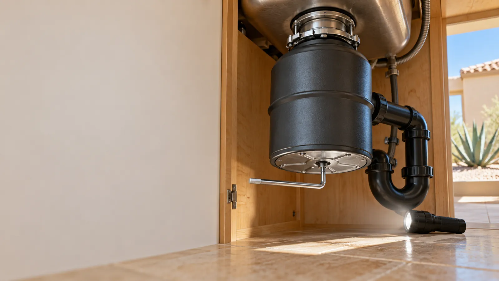 Garbage disposal under a kitchen sink with a hex key in the bottom socket to free a jam, lit by a flashlight