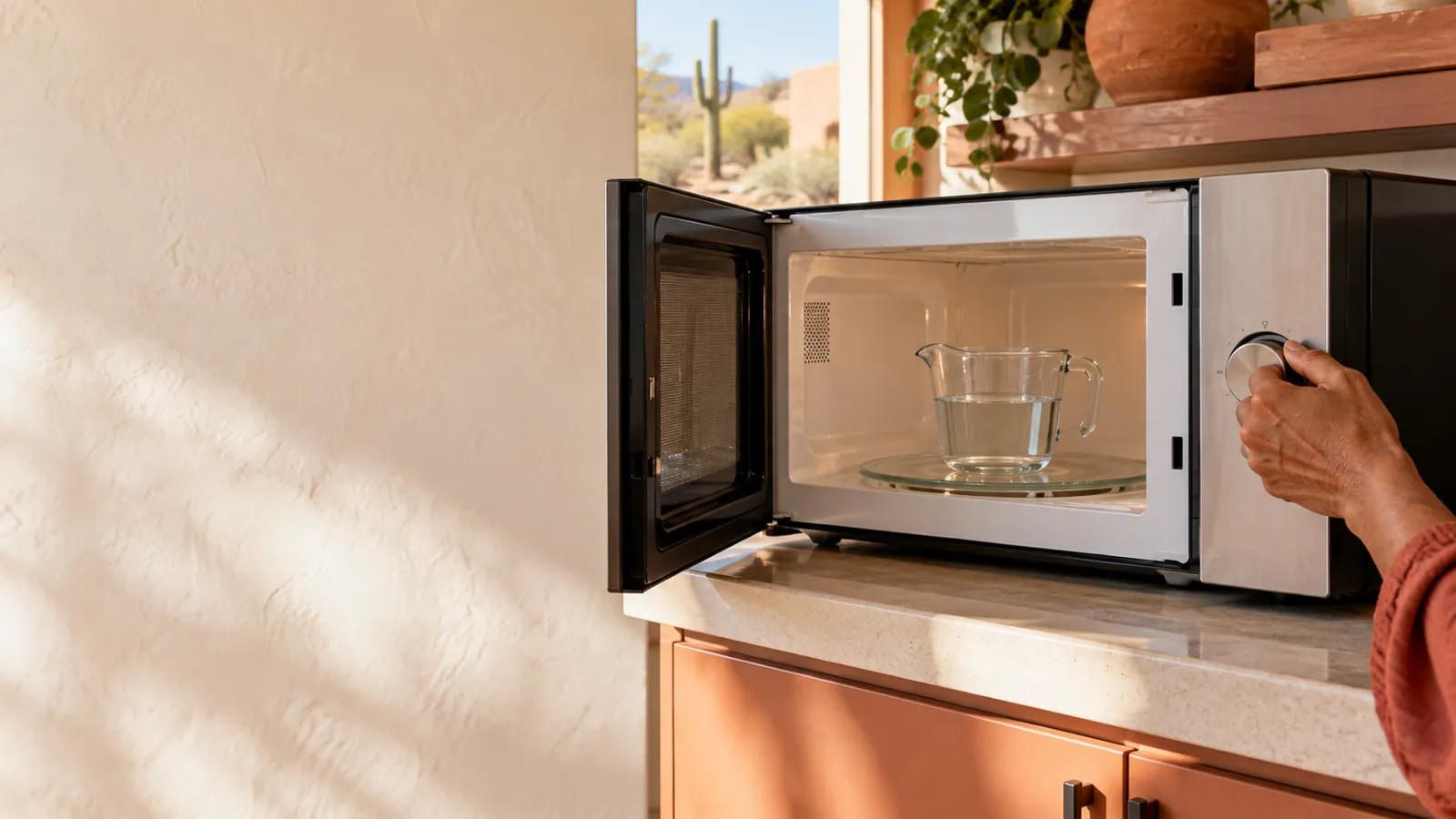 Glass measuring cup of water in an open microwave while a hand sets the timer to test heating