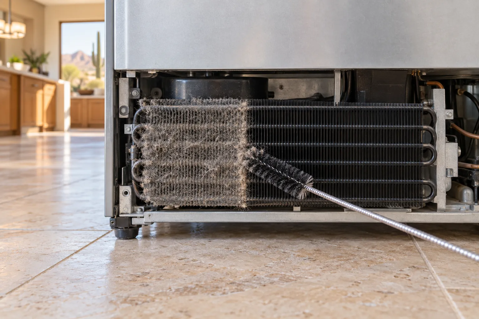 Dusty refrigerator condenser coils next to a cleaned section, with a coil brush partway through