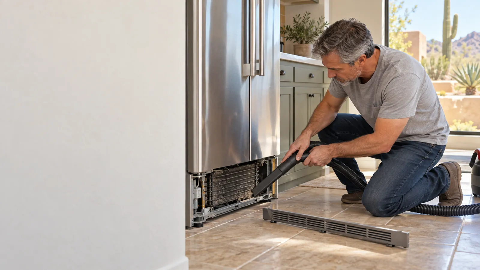 Homeowner vacuuming the condenser coils under a refrigerator with the kick plate grille set aside