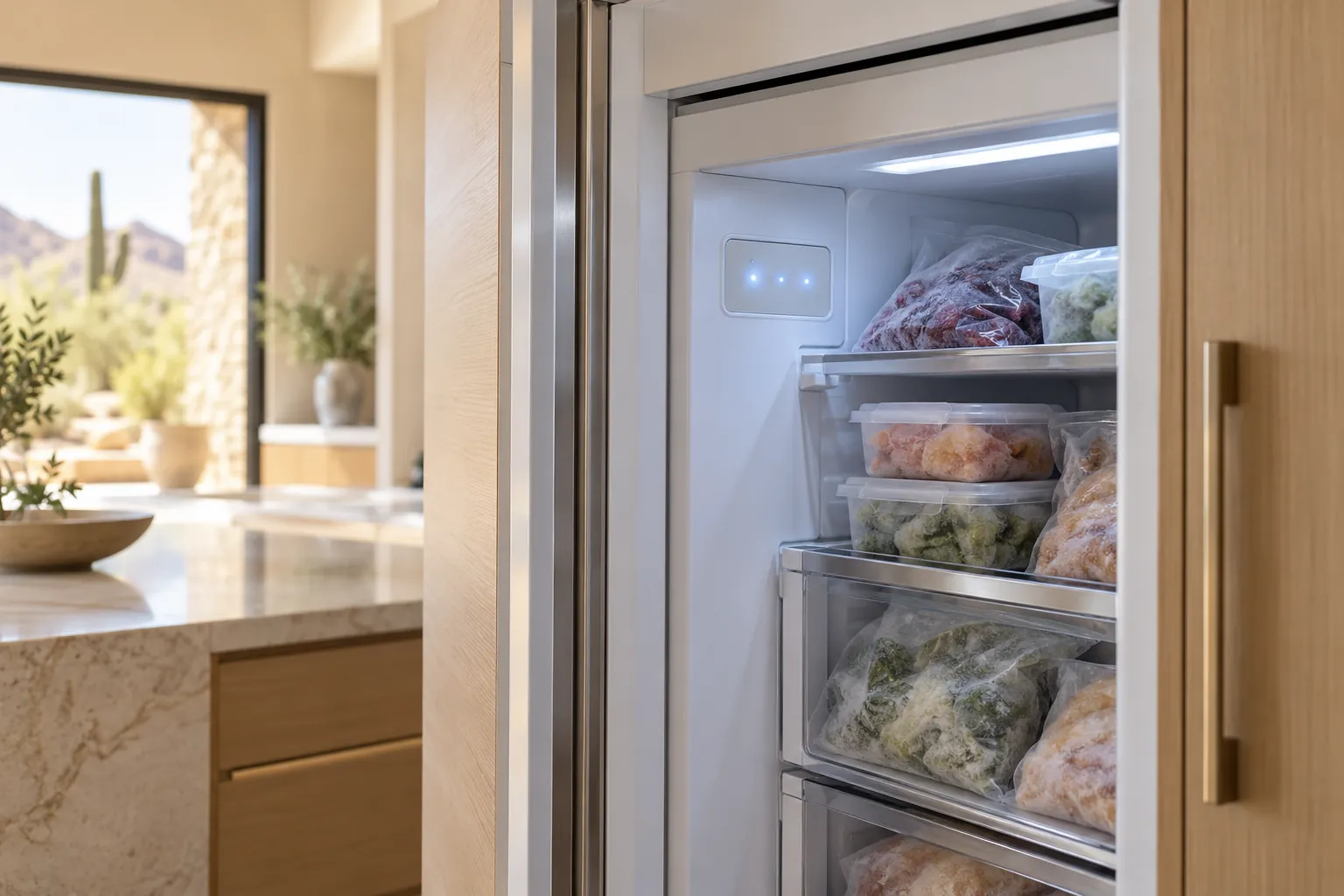 Lit control panel inside a built-in freezer column with frozen food on the shelves