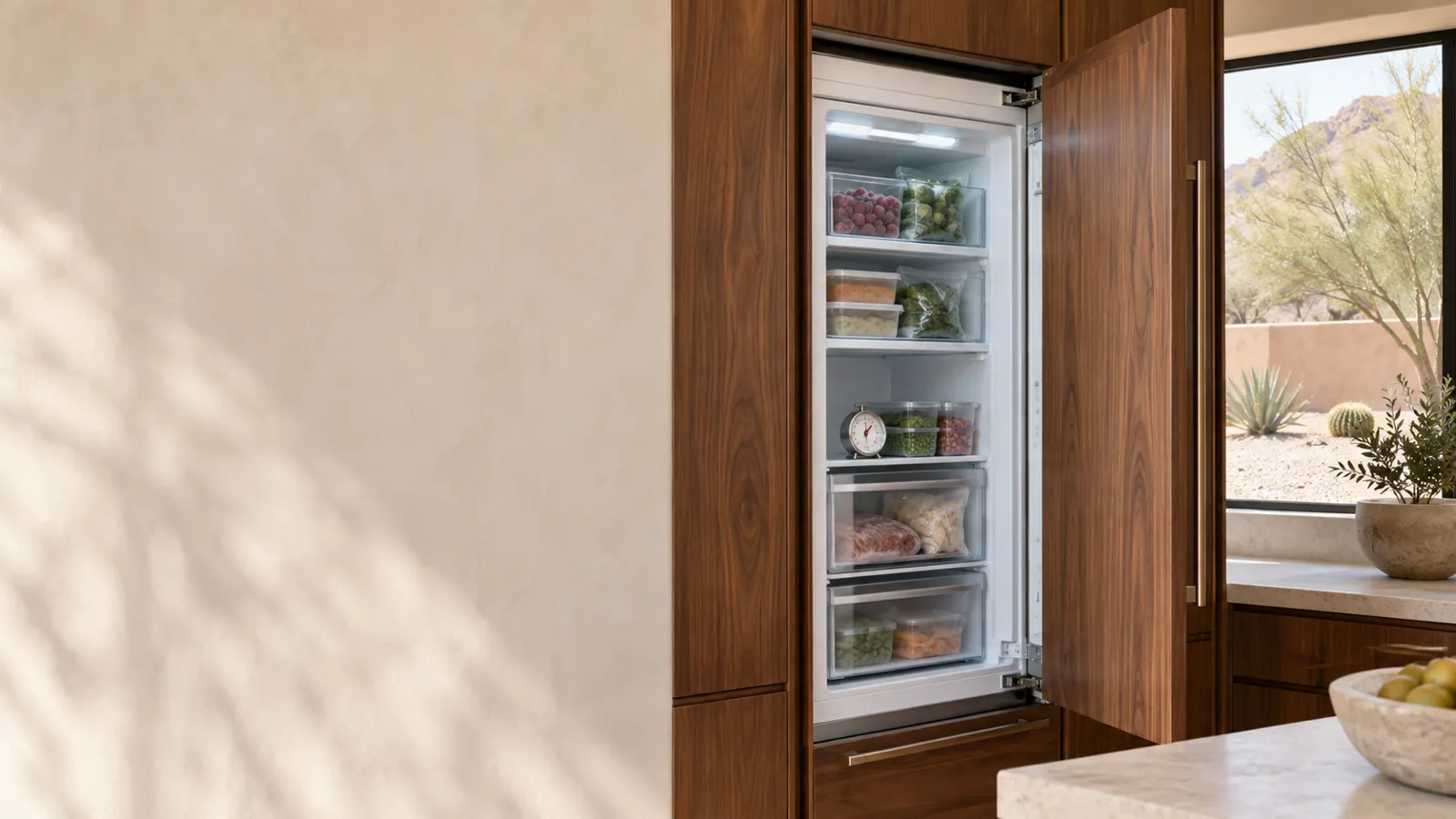 Built-in panel-front freezer column in a luxury kitchen with the door open and a thermometer on the shelf