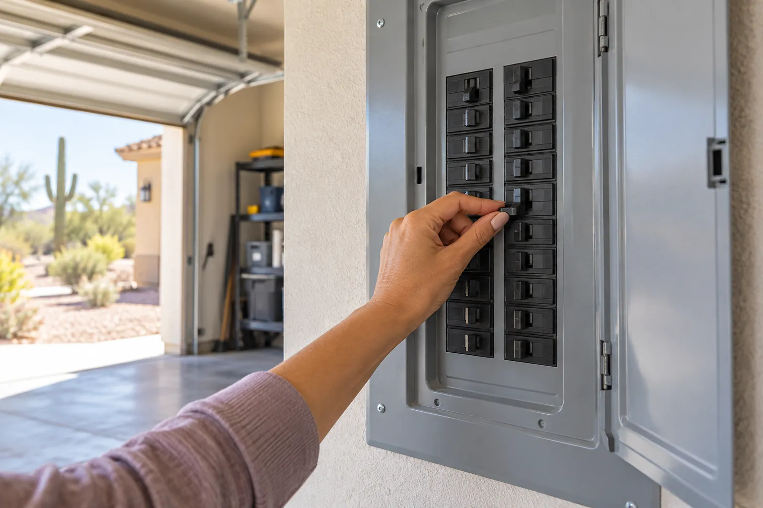 Hand switching off a circuit breaker in a garage electrical panel before an appliance repair