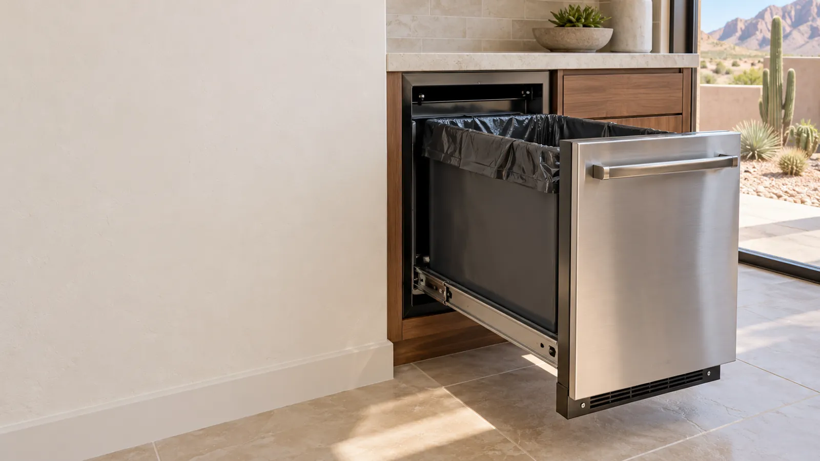 Under-counter trash compactor drawer pulled open with a heavy-duty bag inside