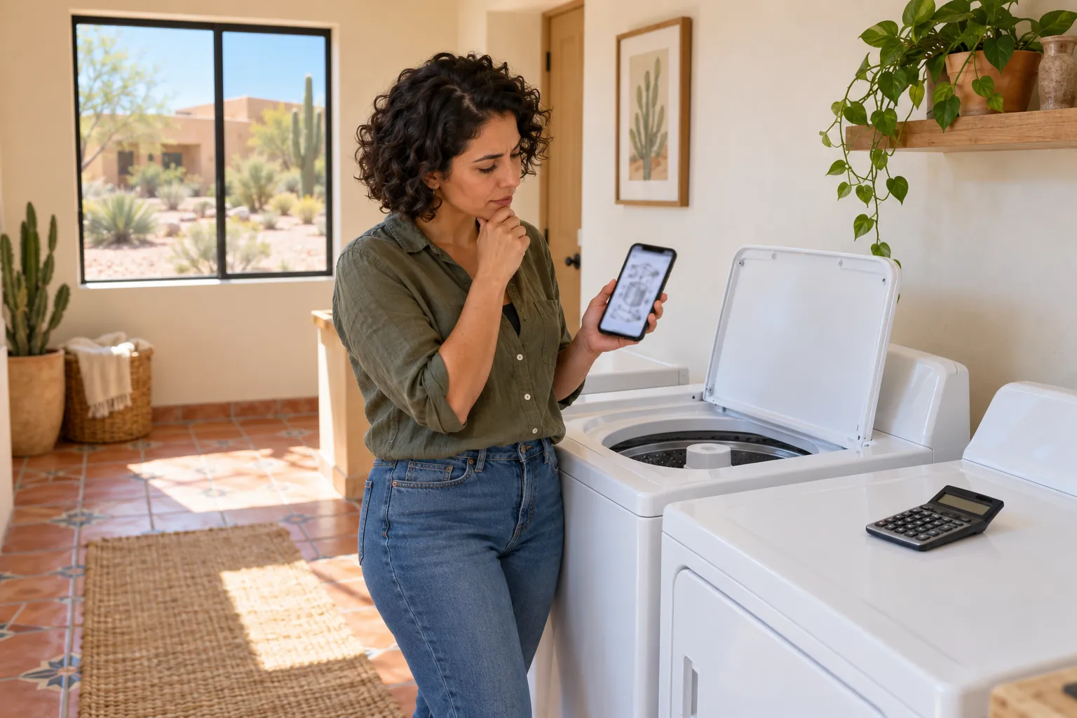 Homeowner at a washing machine checking a parts diagram on a phone, a calculator on the dryer