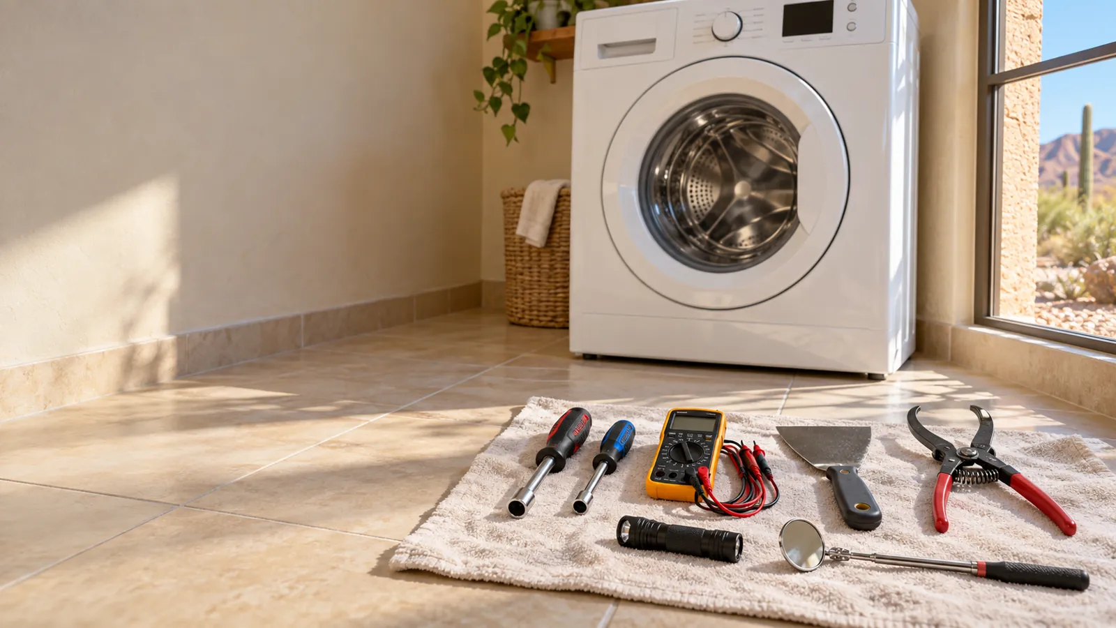 Washer repair tools on a towel in front of a front-load washer: screwdrivers, multimeter, putty knife, spring clamp pliers, flashlight and inspection mirror