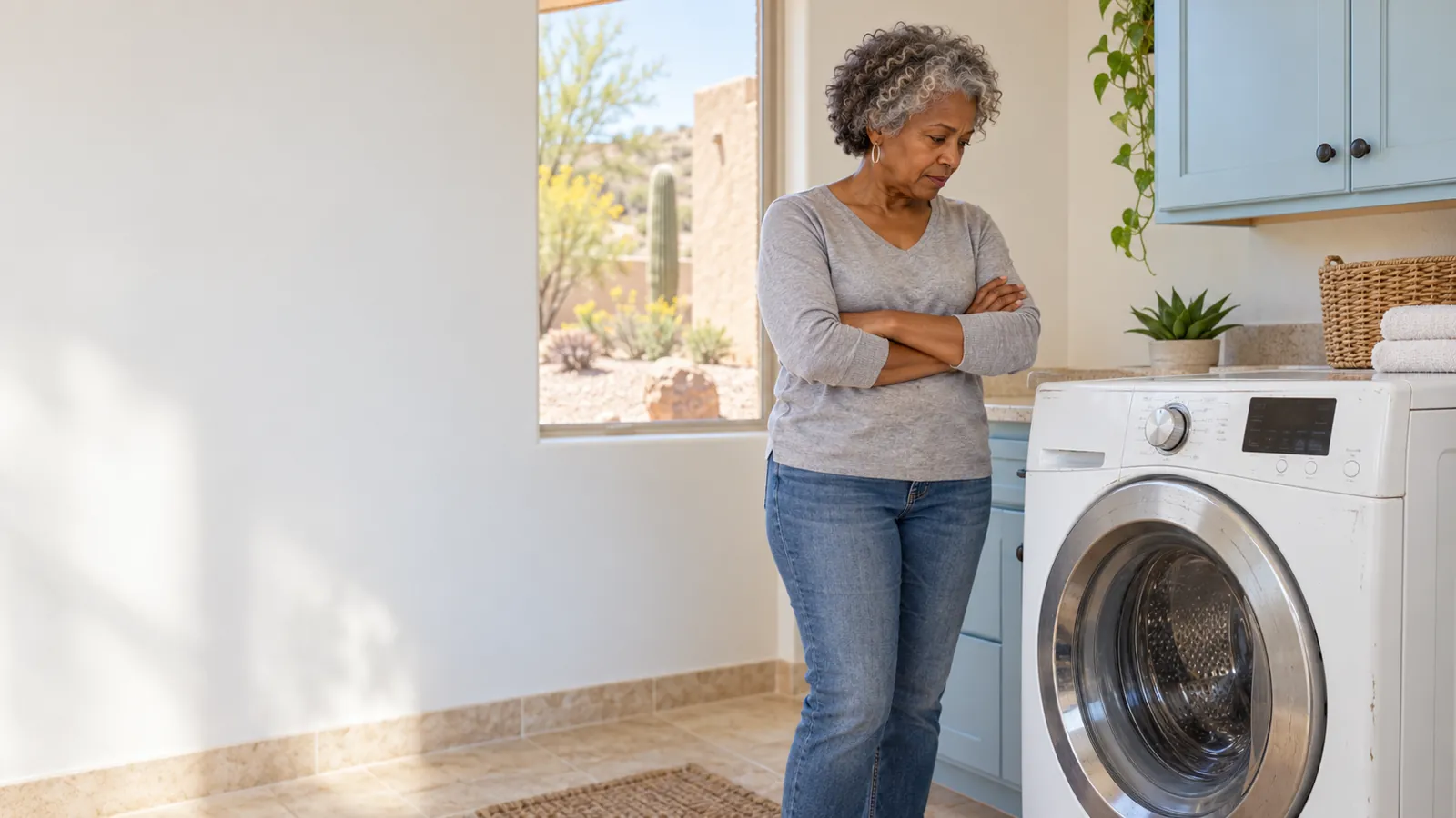 Homeowner standing beside an older front-load washer, arms folded, deciding whether to repair or replace it