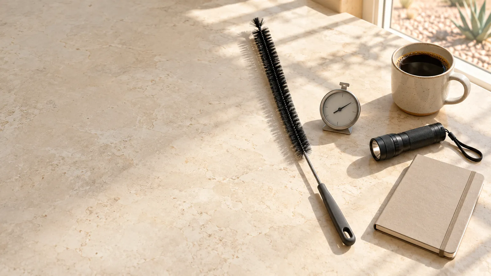 Coil brush, appliance thermometer, flashlight, notebook and coffee on a kitchen counter