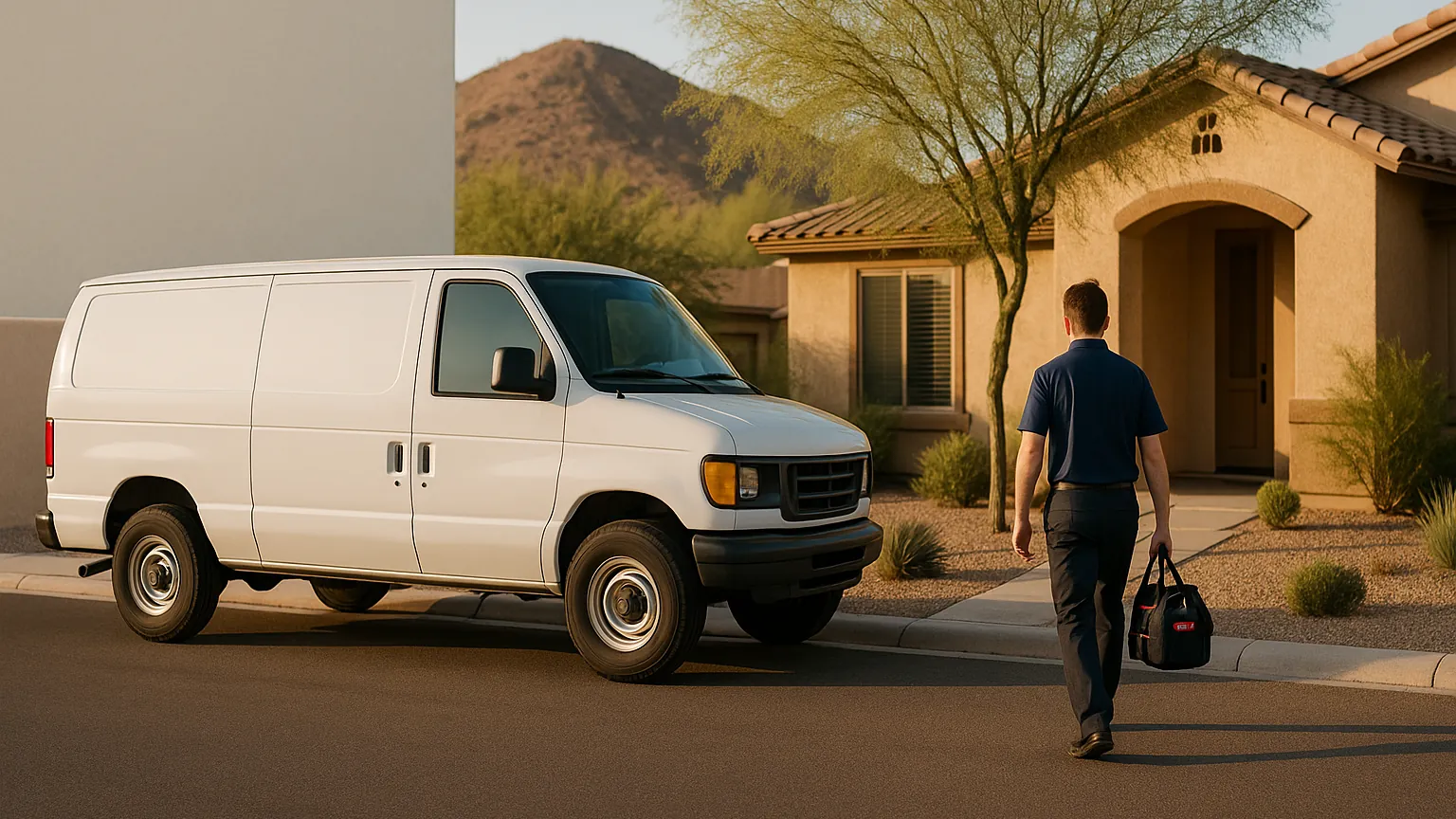 Appliance repair technician walking to a stucco home in Ahwatukee with a white service van at the curb and desert hills behind