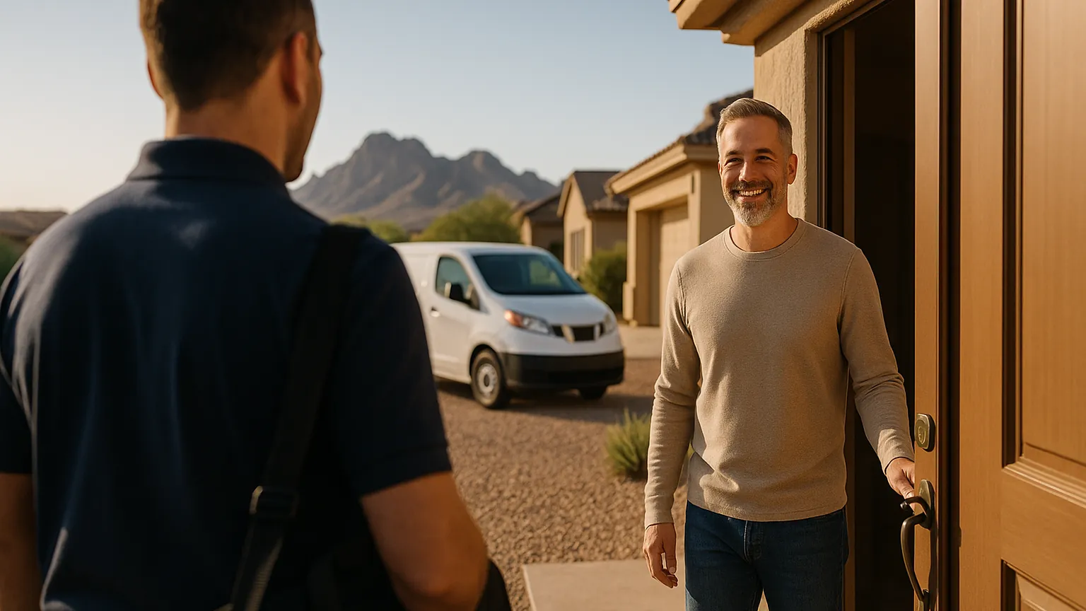 Homeowner greeting an appliance repair technician at the front door of a ranch-style home in Apache Junction, desert mountains behind