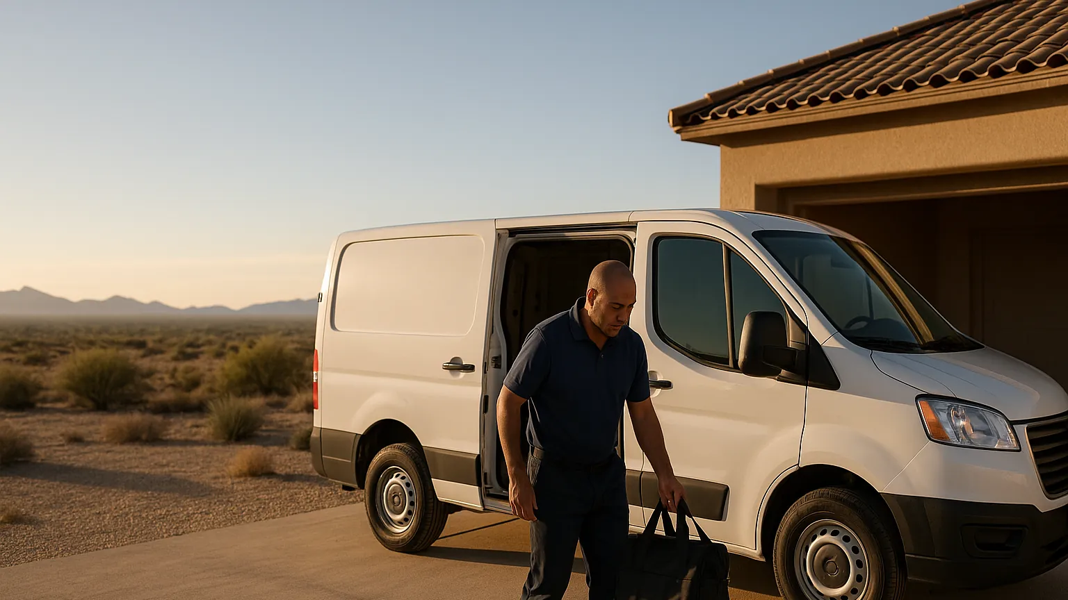 Appliance repair technician lifting a tool bag from a white service van at a home on open desert in Arizona City