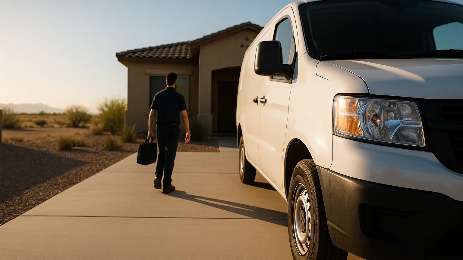 Appliance repair technician walking up the driveway of a single-story Casa Grande home, white service van in front