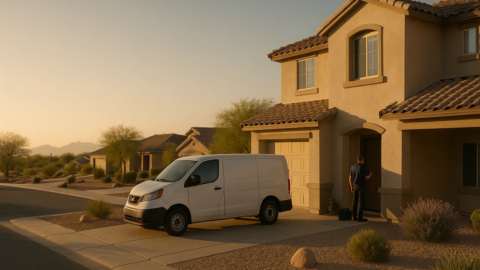 White appliance repair van in the driveway of a two-story stucco home in Chandler, technician at the front door