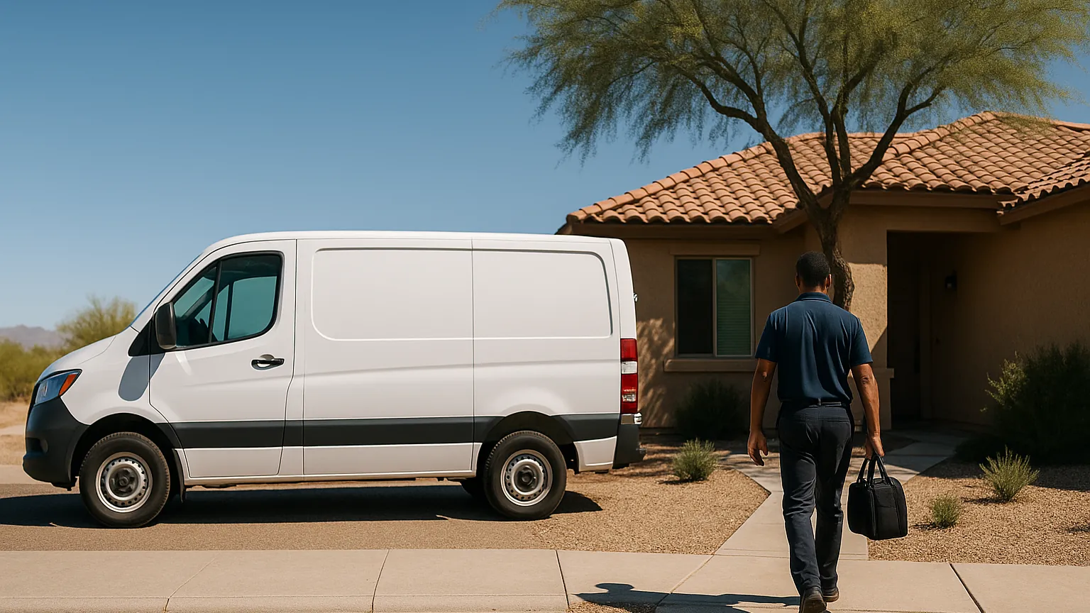 Appliance repair technician walking to a small-town home in Coolidge under a mesquite tree, white service van parked out front