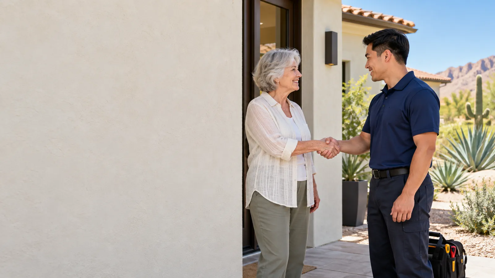 Homeowner shaking hands with an appliance repair technician at her front door