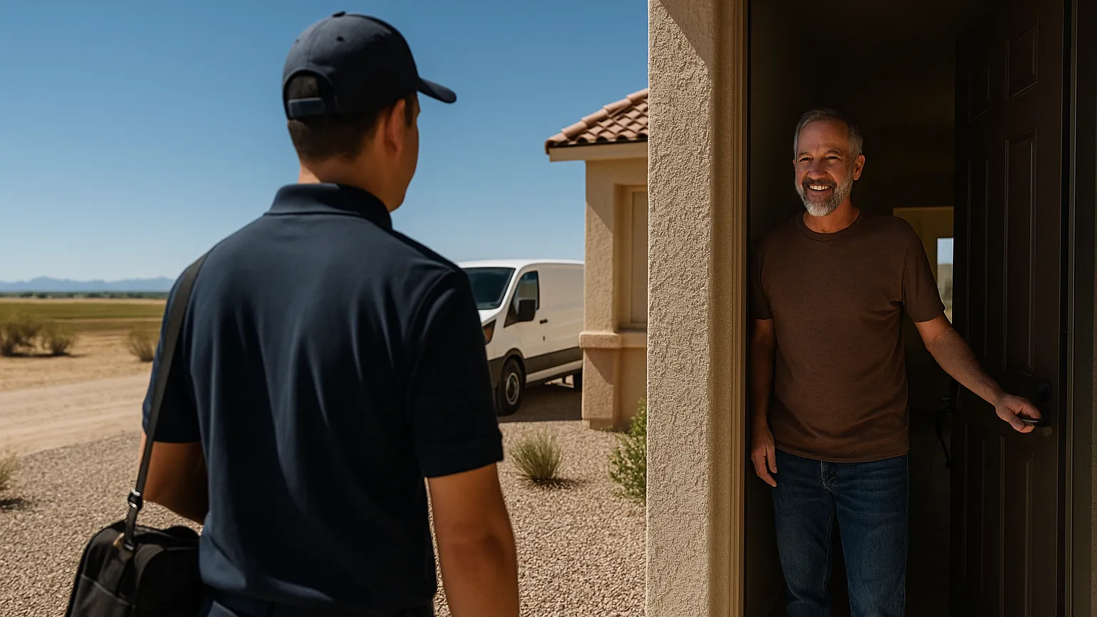 Homeowner in Eloy opening the front door to an appliance repair technician, white service van and farm fields behind