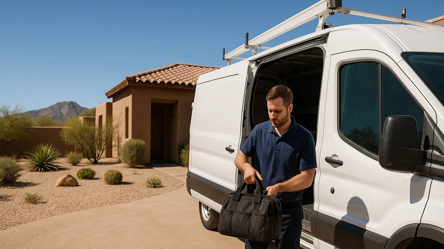 Appliance repair technician taking a tool bag from a white service van at an adobe-toned home in Florence