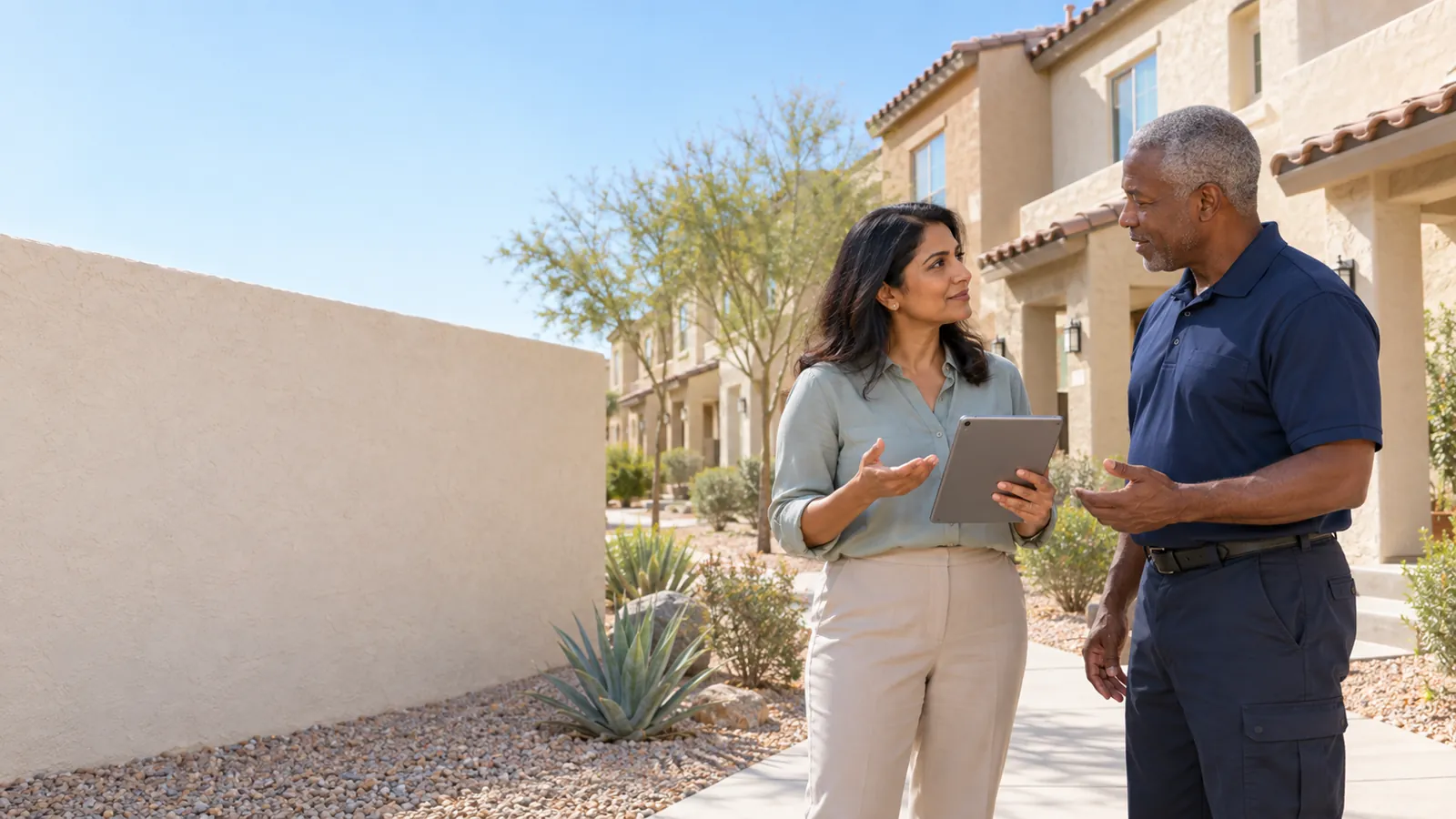 Property manager with a tablet talking with an appliance repair technician outside Arizona rental townhomes