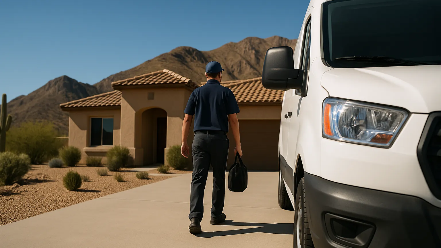 Appliance repair technician walking up the driveway of a hillside home in Fountain Hills with rugged mountains behind