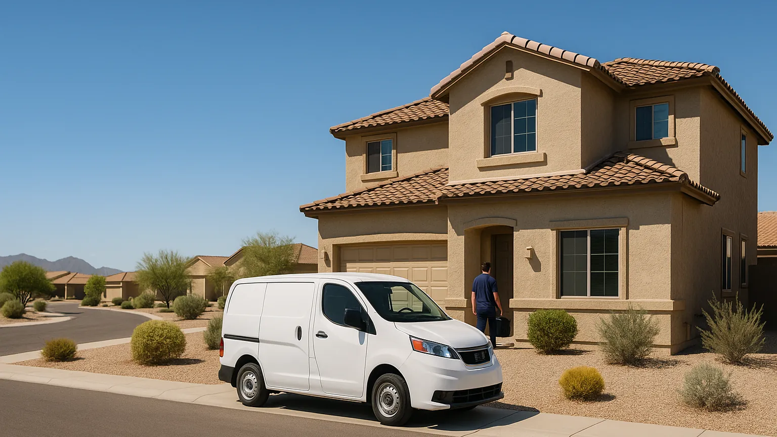 White appliance repair van parked at a two-story stucco home in Gilbert, technician at the front door