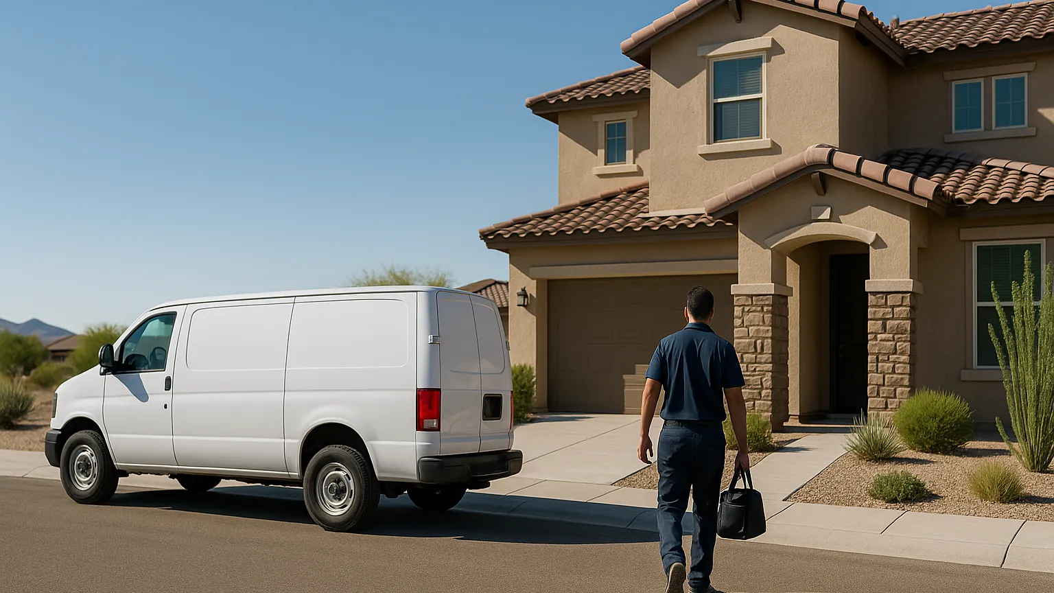 Appliance repair technician walking to a two-story home in a Maricopa subdivision, white service van at the curb