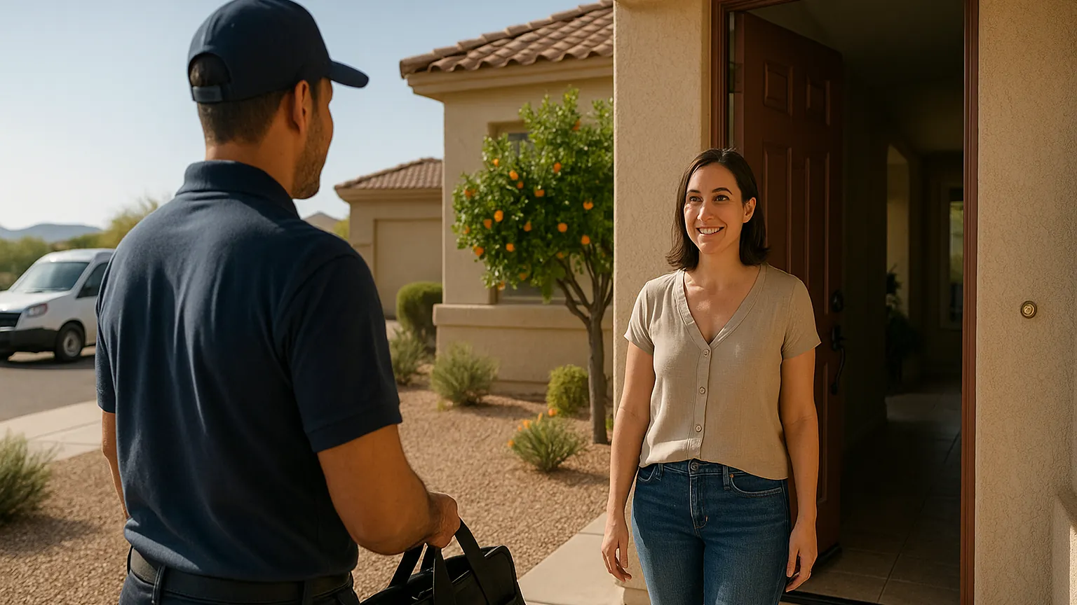 Homeowner welcoming an appliance repair technician at a Mesa home with a citrus tree in the yard