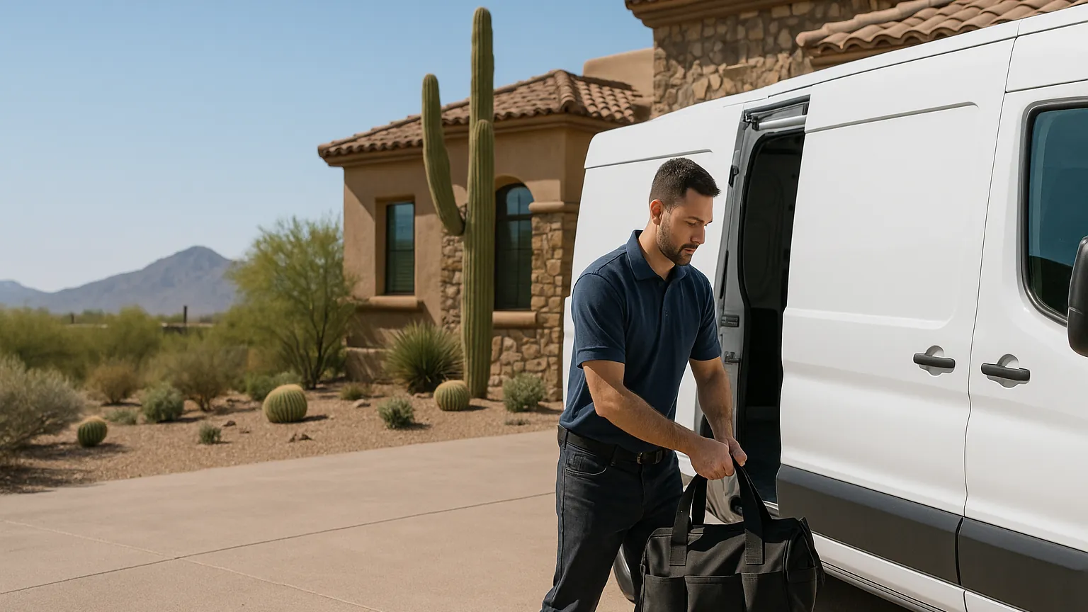 Appliance repair technician taking a tool bag from a white van outside a stone-and-stucco home in Paradise Valley with saguaro cactus
