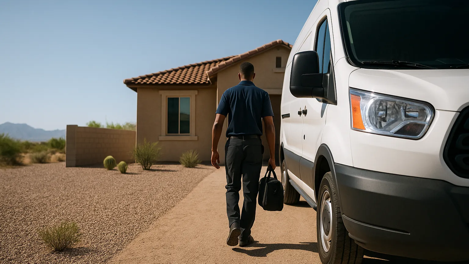 Appliance repair technician walking up a gravel-landscaped path to a Queen Creek home, white service van in the driveway