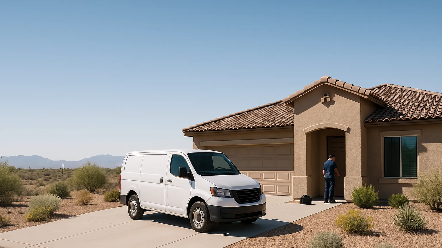 White appliance repair van at a single-story home in Sacaton with open desert around it