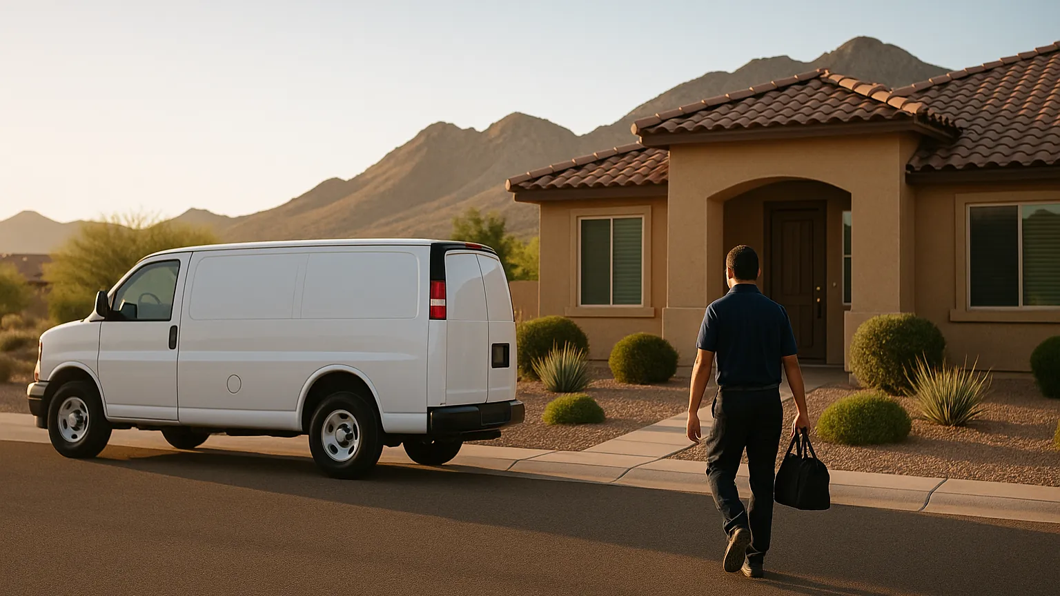Appliance repair technician walking to a San Tan Valley home with desert mountains close behind, white service van at the curb