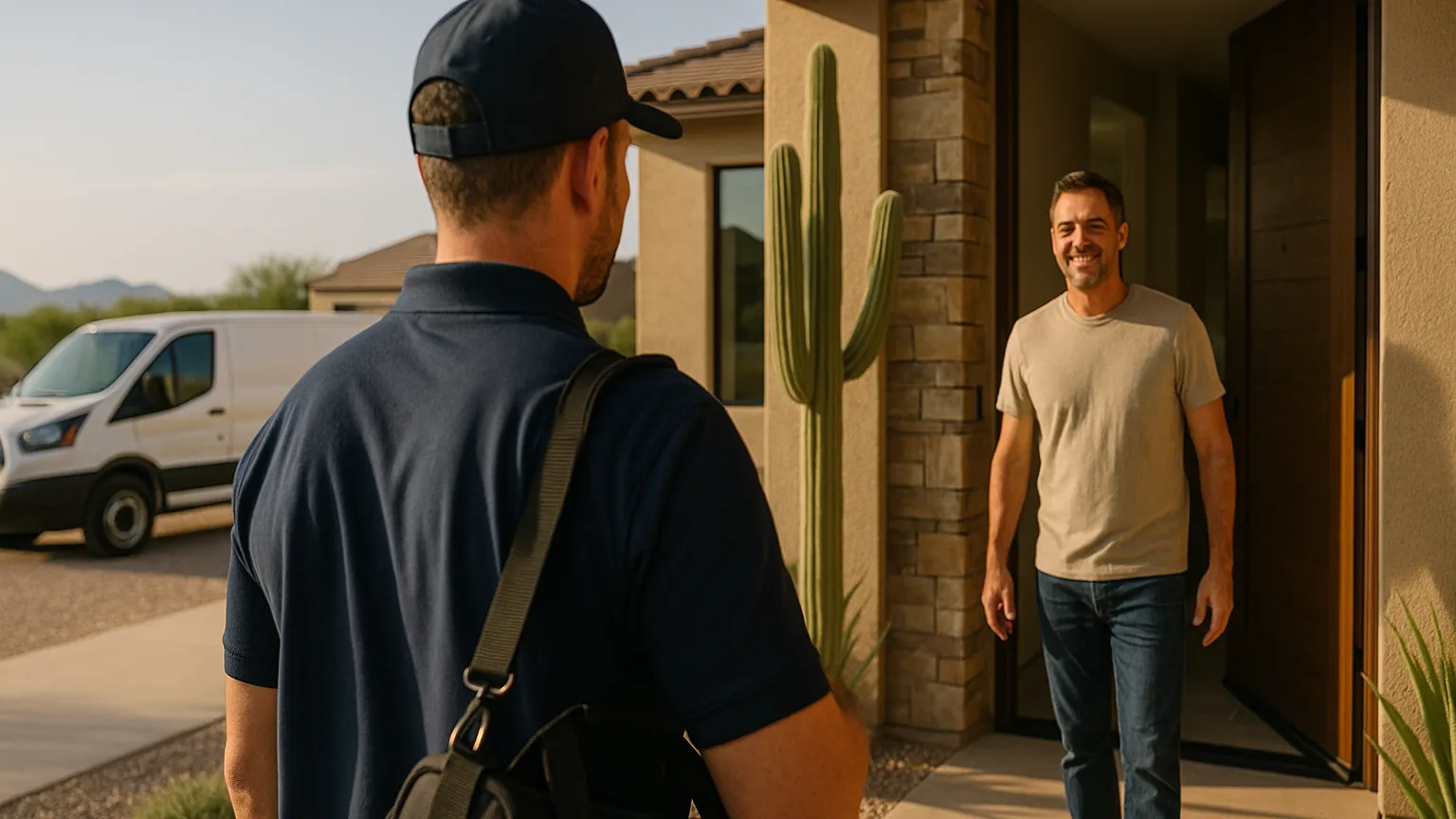 Homeowner greeting an appliance repair technician at the door of a modern desert home in Scottsdale with saguaro cactus