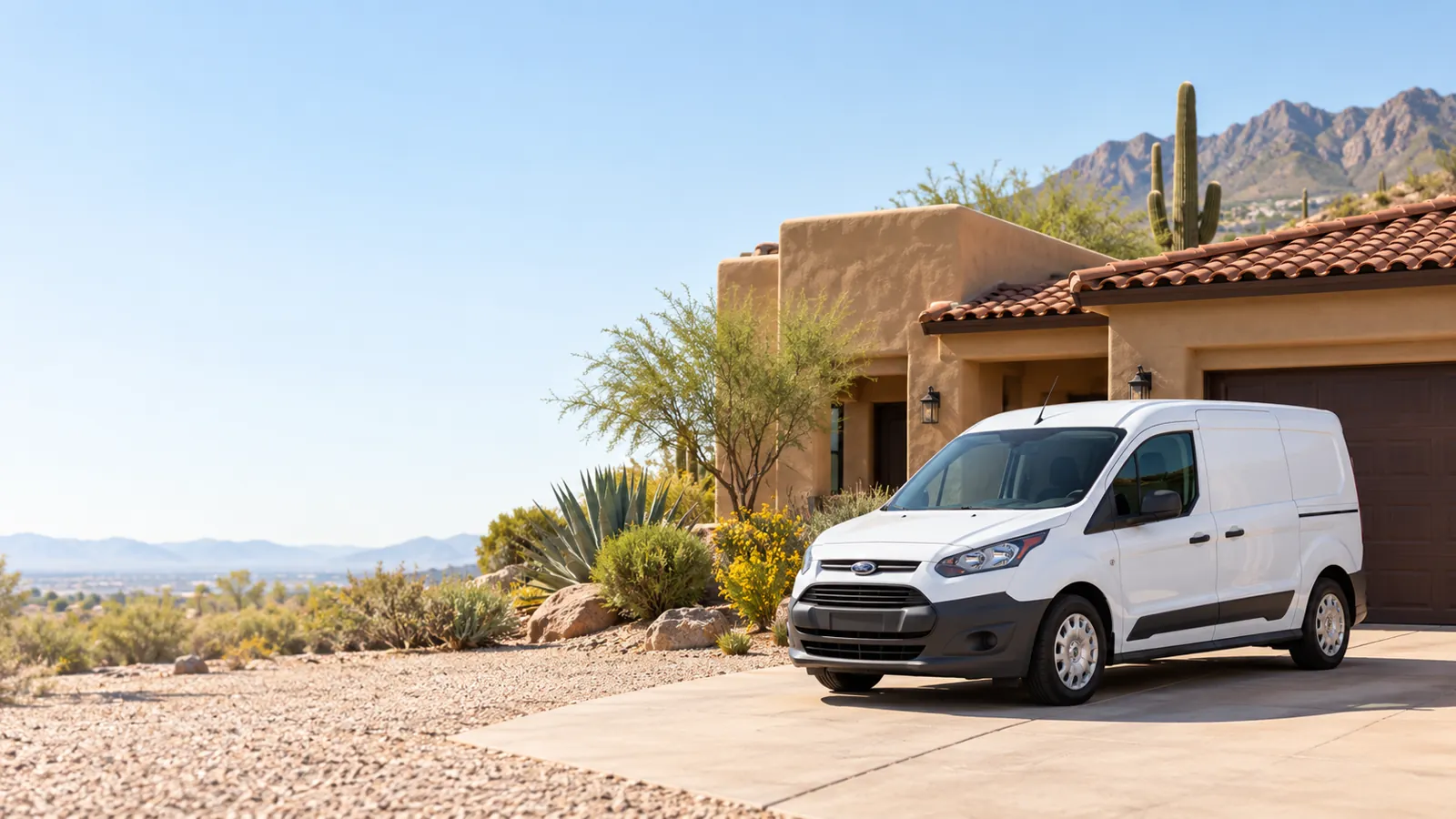 White service van parked in the driveway of a stucco home with desert landscaping and mountains behind
