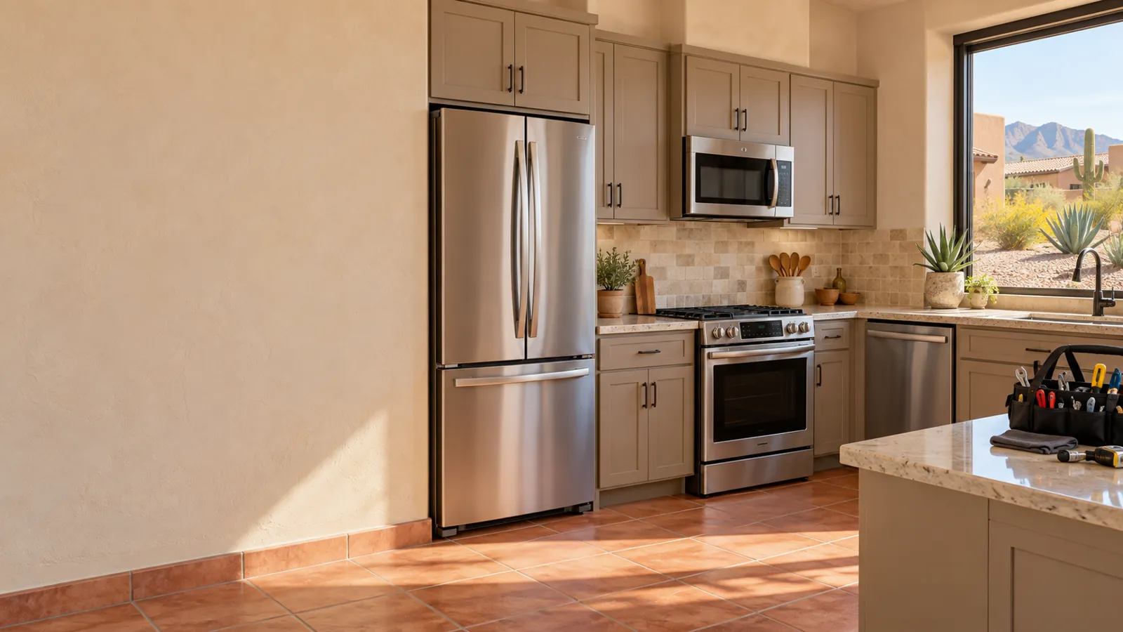 Stainless refrigerator, range, microwave and dishwasher in a sunny Arizona kitchen with a technician's tool bag