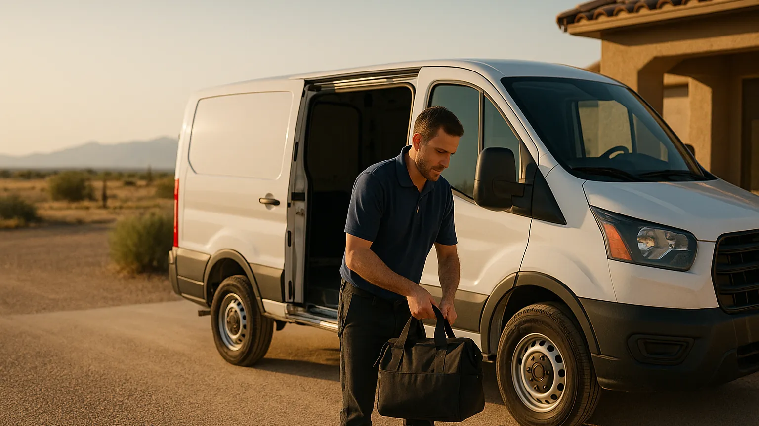 Appliance repair technician lifting a tool bag from a white service van at a rural home in Stanfield