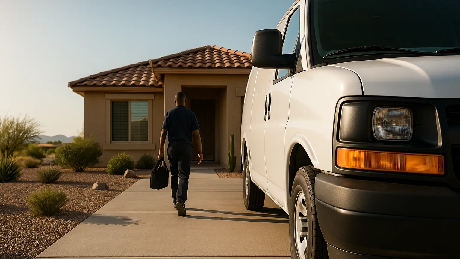 Appliance repair technician walking up the path to a single-story home in Sun Lakes, white service van in the driveway
