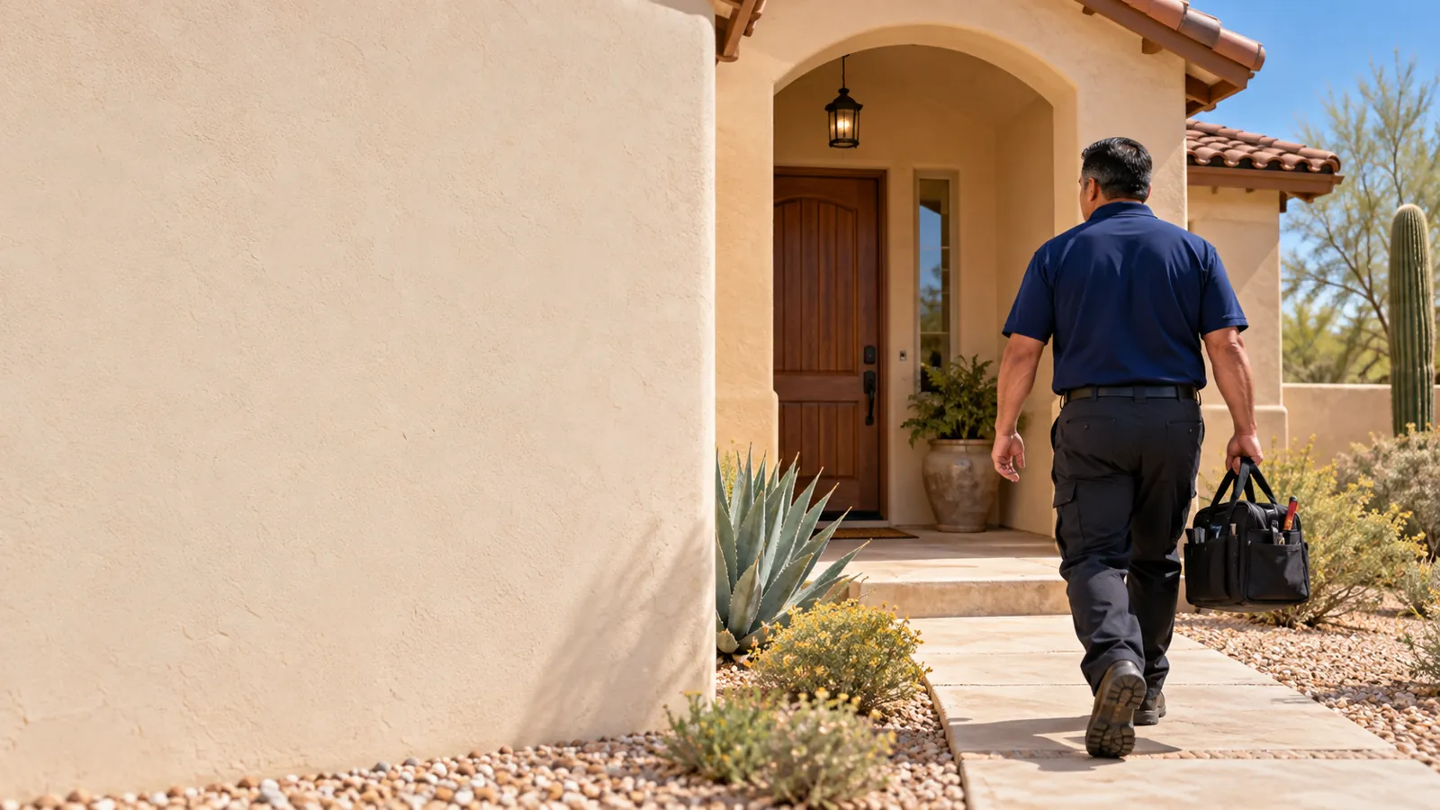 Appliance repair technician carrying a tool bag up the front walk of an Arizona stucco home
