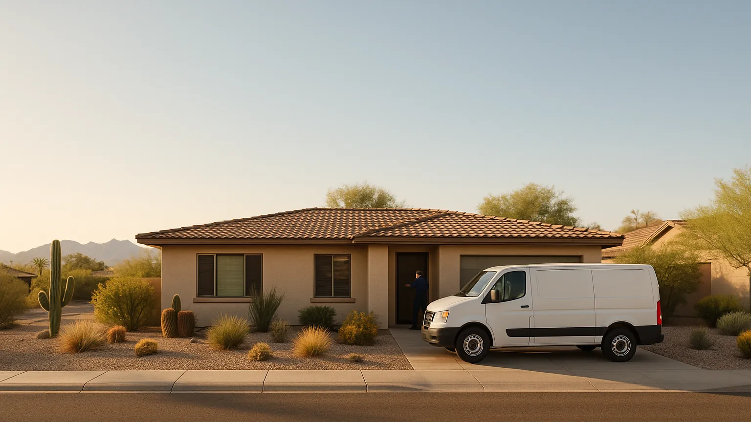 White appliance repair van parked at a mid-century single-story home in Tempe with desert landscaping