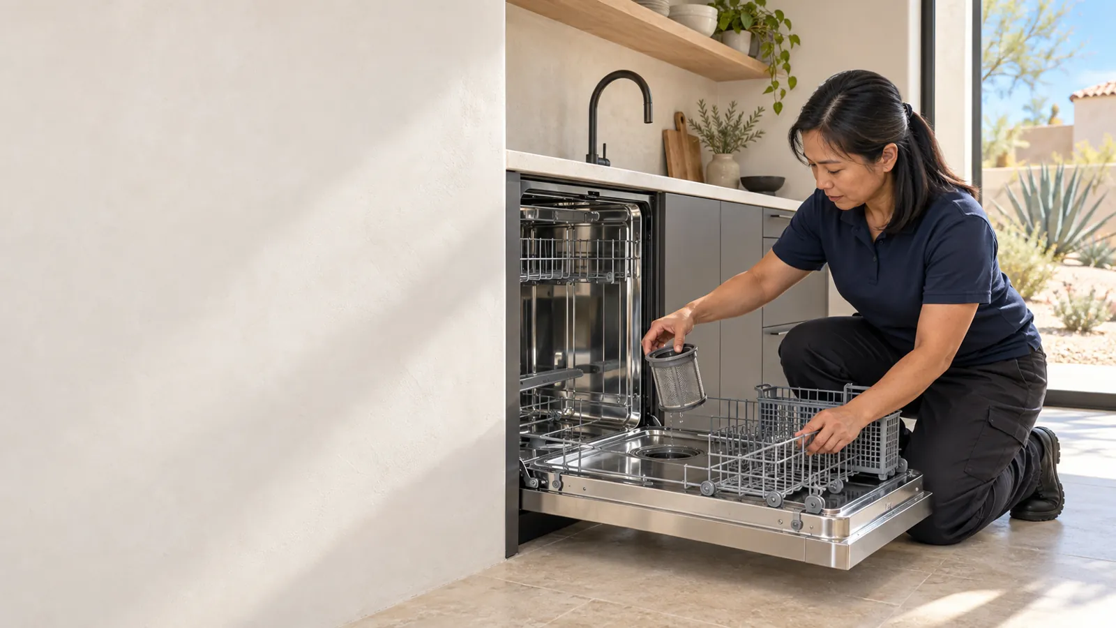 Bosch appliance repair: technician checking the filter of a stainless dishwasher