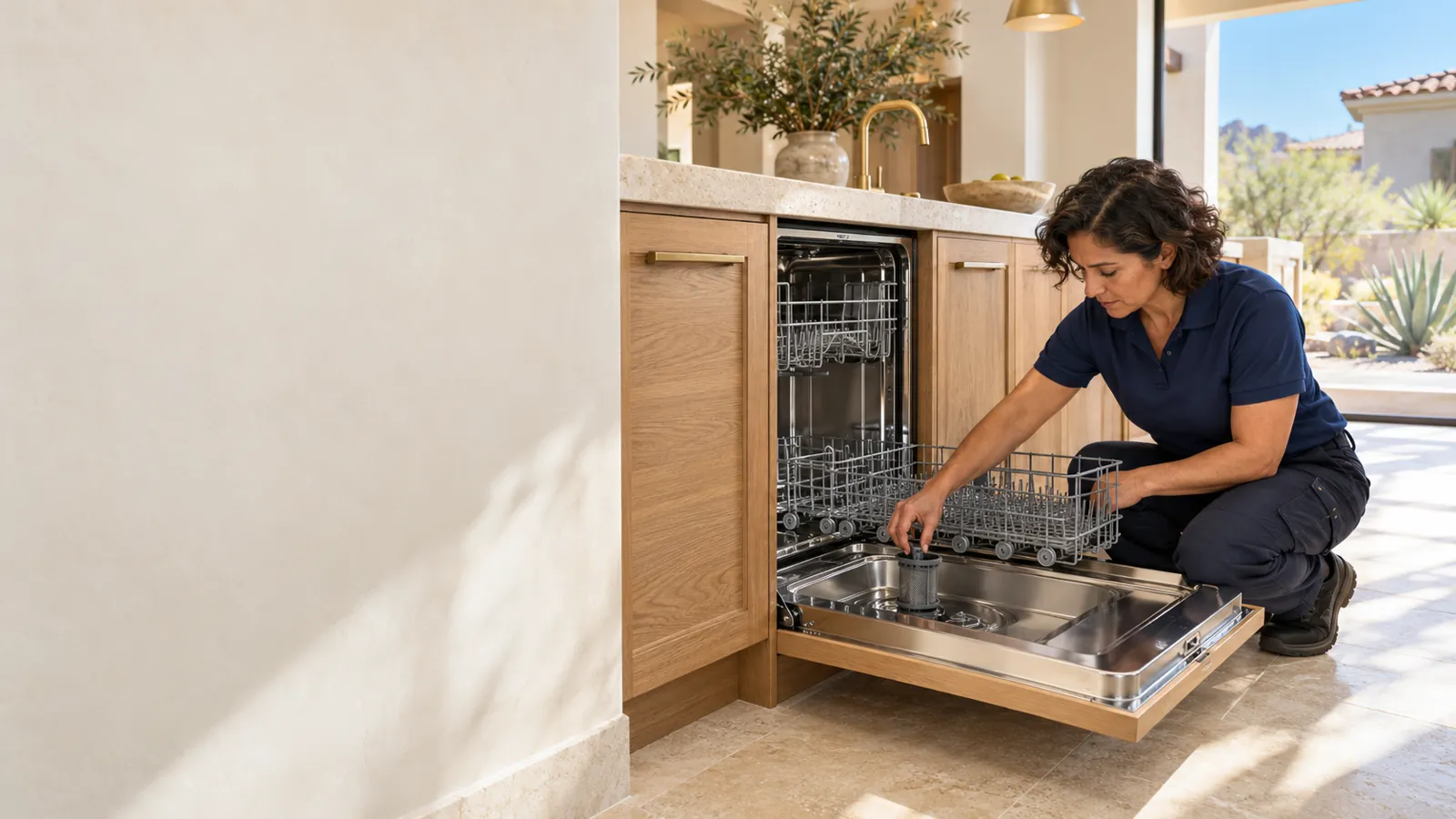 Cove appliance repair: technician lifting the filter out of a built-in dishwasher with a wood panel