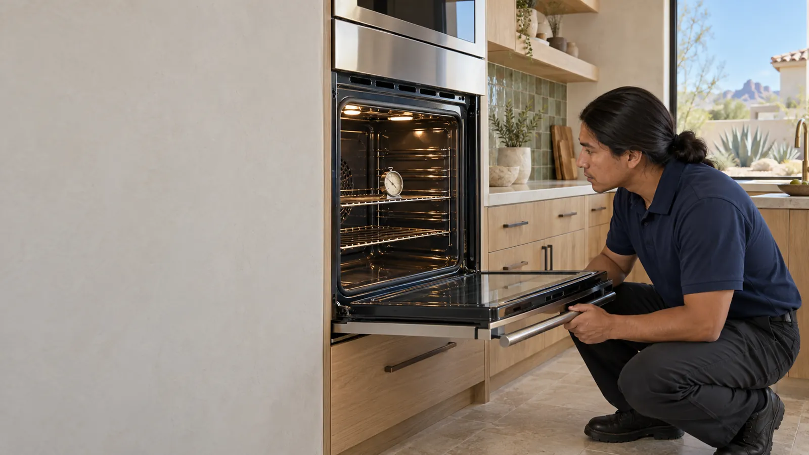 Dacor appliance repair: technician checking an oven thermometer in an open wall oven