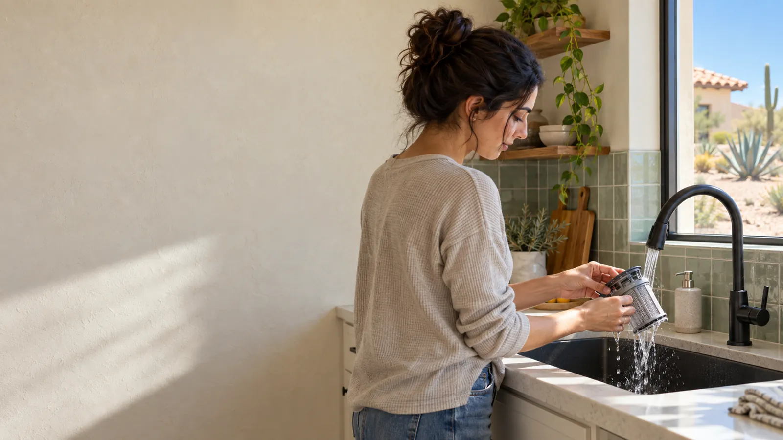Homeowner rinsing a dishwasher filter under the kitchen faucet