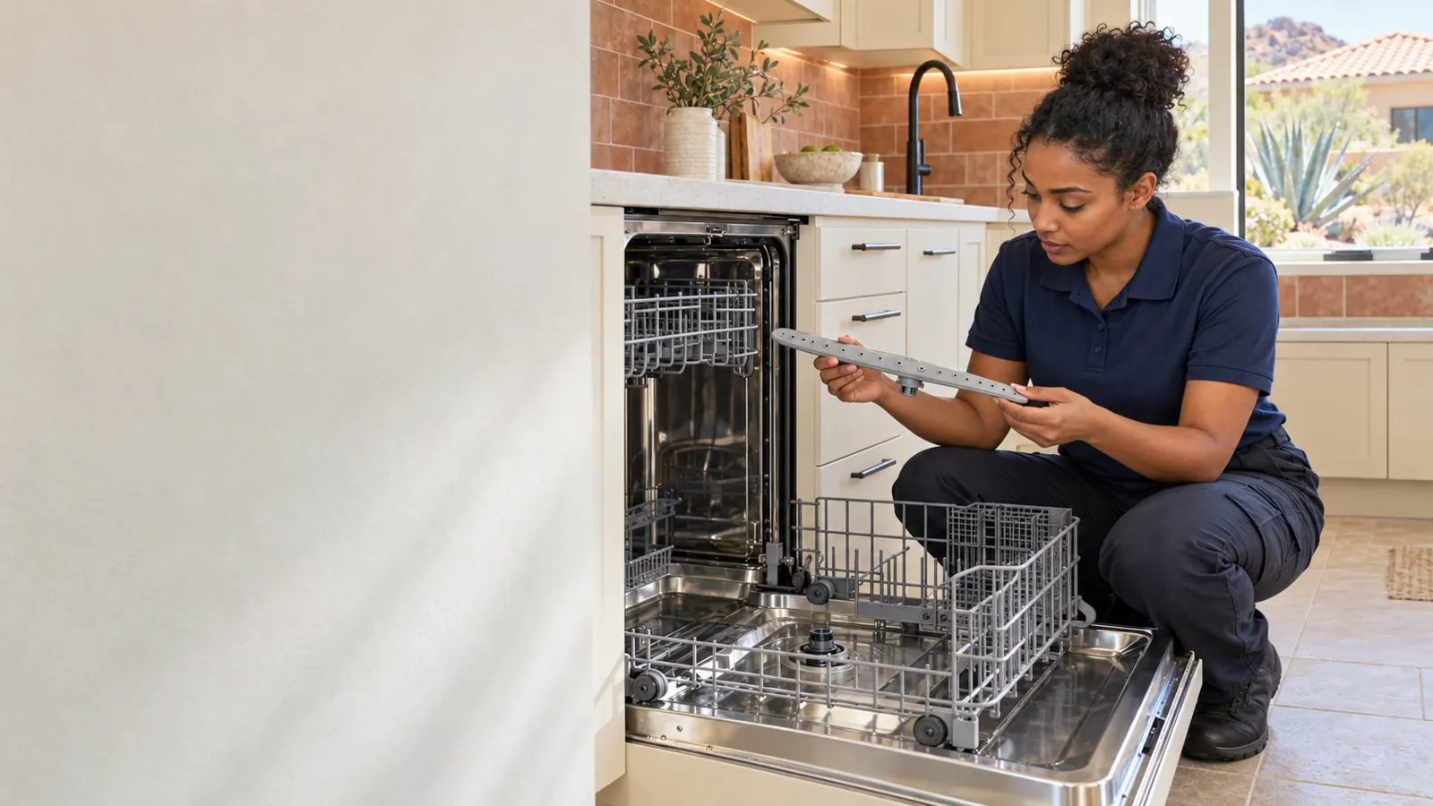 Technician checking the spray arm of an open dishwasher