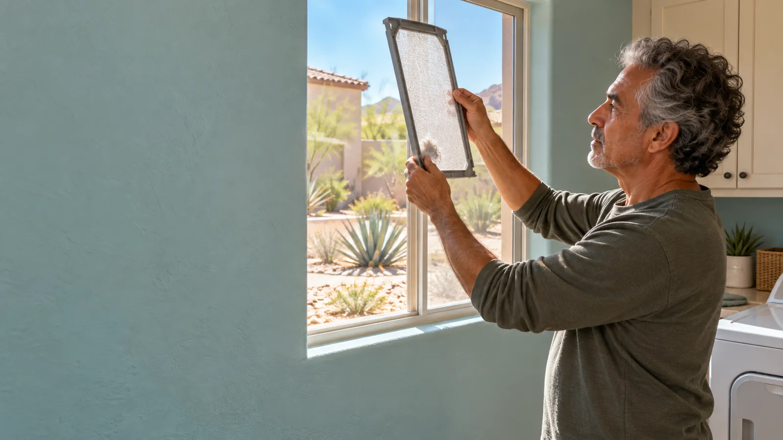 Homeowner holding a dryer lint screen up to the window to check it